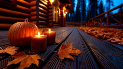 Obraz premium Background with halloween pumpkins candles and autumn leaves on the wooden house porch. Enchanting autumnal scene glowing illumination vibrant foliage and harvest gourds adorn a rustic