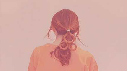 Woman with styled, reddish-brown ponytail against a soft peach backdrop.  The ponytail is fashioned with intricate, circular elements