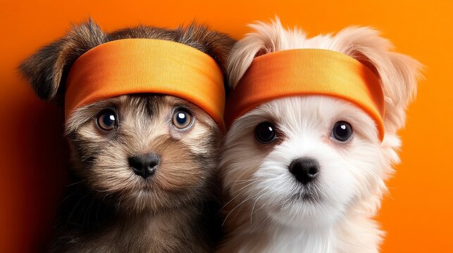 cat and dog wearing costume for halloween. friend with orange backgound. halloween theme. Adorable feline canine duo in festive attire a vibrant autumnal backdrop spooky season