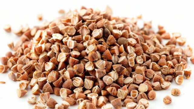 A close-up shot of a pile of nuts on a white surface, suitable for food or packaging use