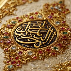 Ornate Islamic Book Cover With Gold Calligraphy And Gems