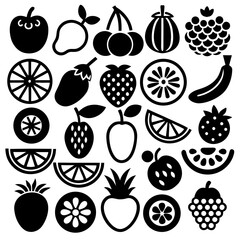 Collection of black fruit and vegetable icons isolated on white background