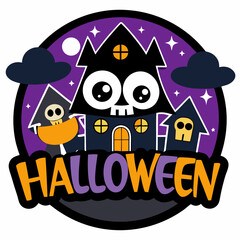 Cute halloween haunted house with skull and moon isolated on white background
