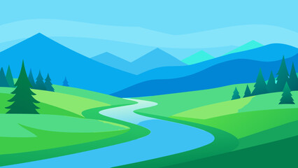 Serene mountain landscape with winding river and evergreen trees isolated on white background