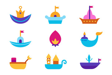 Collection of nine colorful cartoon boats and a flame isolated on white background