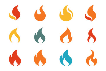 Collection of stylized flame icons in various colors isolated on white background