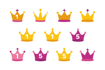 Collection of cartoon crowns with numbers one and five isolated on white background © jannat Stock