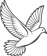 Black and white line art illustration of a dove in flight with wings spread bird flying