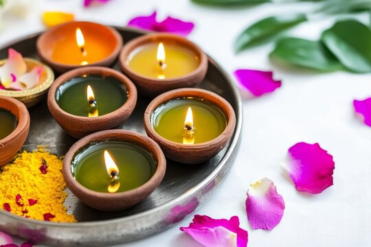 Diyas on Tray. Diyas arranged on a decorative tray with vibrant colors, surrounded by flower petals and spices, creating a festive atmosphere for celebrations and rituals