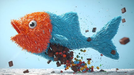 A fluffy fish, bursting with a cascade of colorful candy and chocolate pieces, against a light blue background.  The fish's body is a mixture of fluffy orange and blue