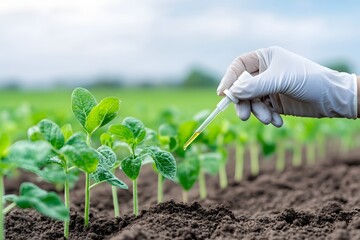 Hand in glove conducting soil analysis on young plants in a field, emphasizing sustainable development and effective fertilization practices. soil analysis, sustainable development, fertilization,