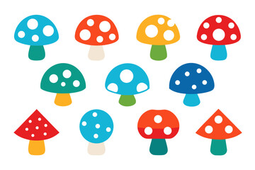 Collection of colorful cartoon mushrooms isolated on white background