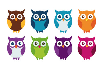 Collection of cute cartoon owls in various bright colors isolated on white background