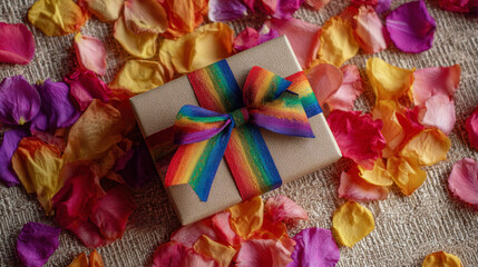 Gift box with colorful ribbon surrounded by vibrant flower petals representing Enkutatash Ethiopian New Year celebration