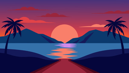 Tropical sunset with palm trees and ocean view isolated on white background