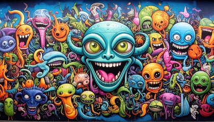 Vibrant mural of cartoon creatures