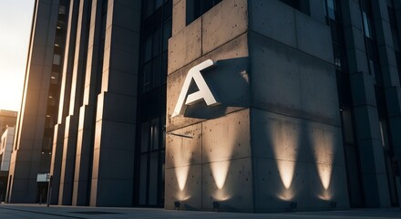 Modern Building Facade with Abstract A Logo at Sunset