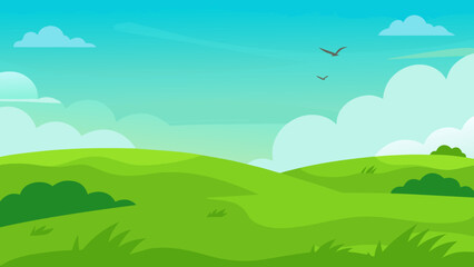 Obraz premium Stylized green rolling hills under a bright blue sky with fluffy clouds and birds flying isolated on white background