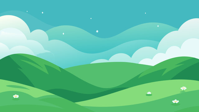 Stylized green rolling hills with clouds and flowers isolated on white background