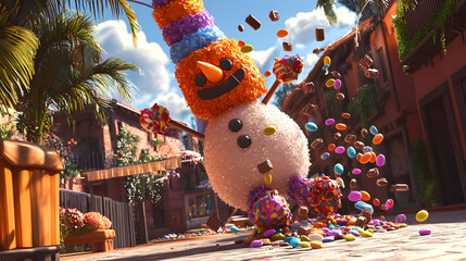 A whimsical snowman, crafted from colorful candies and treats, leaps through a vibrant, candy-strewn street.  Tropical, festive scene