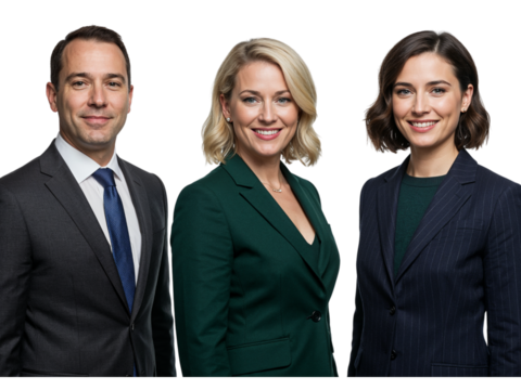 Three professional business people smiling confidently together in formal attire isolated on transparent background