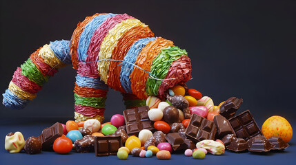 A colorful pi?ata overflowing with candy and chocolate.  It's a vibrant, 3D rendered image, with a pile of various candies and chocolates