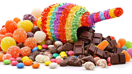 Colorful candies and chocolates overflowing from a pi?ata.  A mix of hard candies, gummies, chocolate pieces, and small candies in assorted colors and textures
