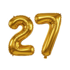 Golden number 27 balloon on transparent background