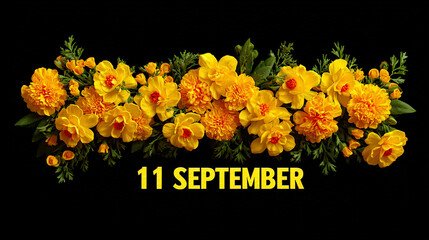 Enkutatash 11 September Celebration with Marigold Flowers,  arranged on a black background with 11 September text