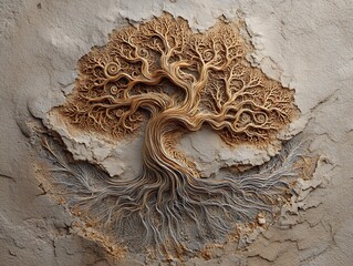 Symbolic tree of time growing from fossil texture and silver-thread roots