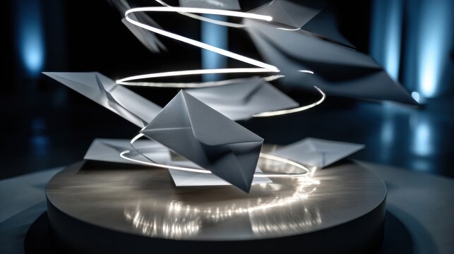 A series of white envelopes are flying through the air in a spiral