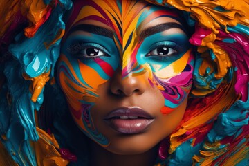 Fototapeta premium African woman with artistic colorful face paint featuring turquoise, orange, and magenta swirling patterns