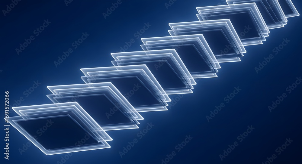 Poster abstract digital rendering of layered, glowing squares cascading diagonally against a dark blue back