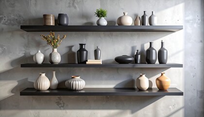 Matte black floating shelf mounted on raw concrete wall, holding ceramic vases and neutral-toned décor with balanced shadows and depth