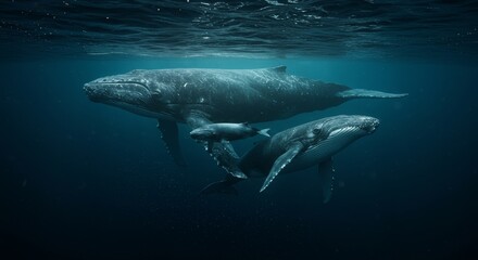 Fototapeta premium Majestic Humpback Whales Swimming in Deep Ocean Waters