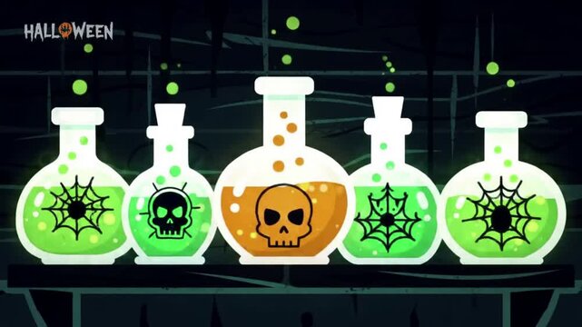 Halloween themed potion bottles with spooky symbols illustration