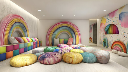 Playful children's room with rainbow arches, colorful seating, and soft textures