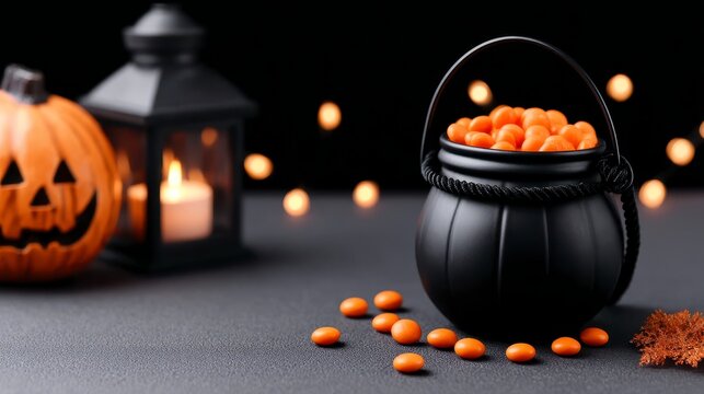 Halloween celebration with a black pumpkin bucket filled with orange candies spooky jack o lantern and candle lantern creating a festive atmosphere. A spooky autumn evening delight