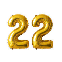 Golden number 22 balloons on transparent background background