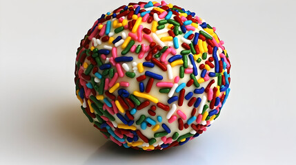 Colorful, spherical confection covered in various sprinkles.  A vibrant, round treat with a multitude of rainbow-hued sprinkles