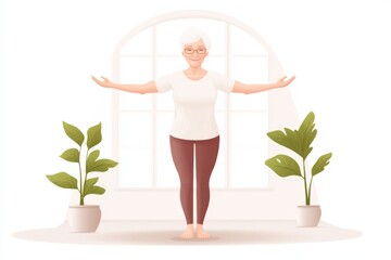 Senior woman practicing balance exercises at home for osteoporosis prevention and bone health improvement