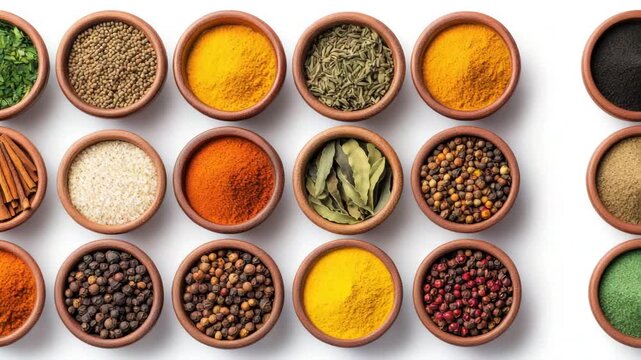 Colorful spice and herb assortment small clay bowls featuring vibrant turmeric, pepper, bay leaf, coriander, fennel, paprika, and seasoning ingredients arranged neatly white background for cooking