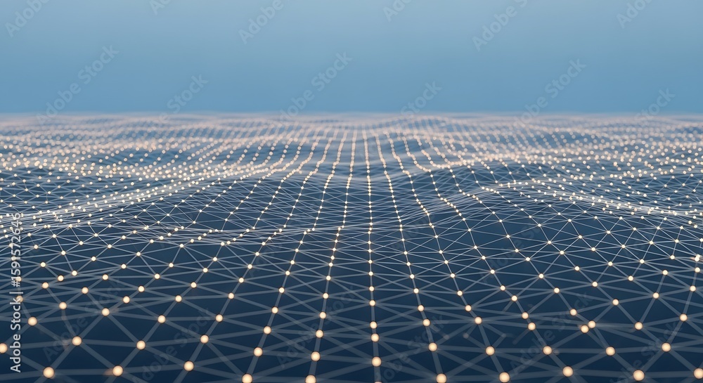 Poster abstract digital network pattern, interconnected nodes and lines, creating a vast, seamless network.
