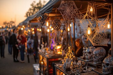 Decorative market stalls adorned with intricate skull sculptures and cobwebs, illuminated by warm lights during sunset, creating a vibrant and festive atmosphere for visitors