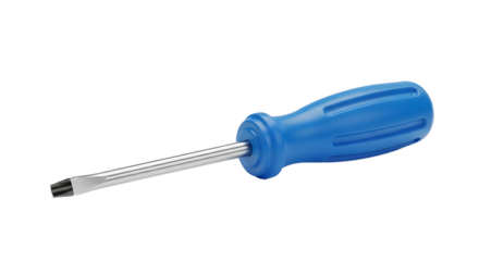 Blue Flathead Screwdriver with Ergonomic Handle on Transparent Background