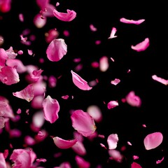 Pink rose petals floating in the air