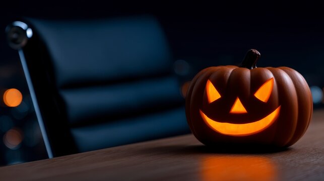 Halloween glowing pumpkin on office desk business halloween decor for party. Illuminated autumn gourd adorns workspace festive workplace arrangement for autumnal celebration.