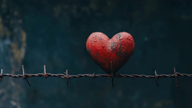 Rusty red heart shape on barbed wire with dark blurred background creates striking contrast and texture, symbolizing love and pain in close up emotional scene