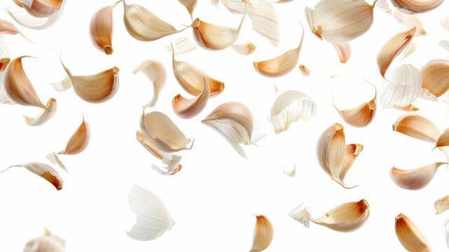 Close-up of multiple garlic cloves arranged on a white surface