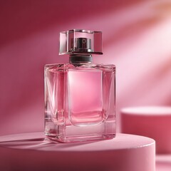 Pink perfume bottle on pink pedestal